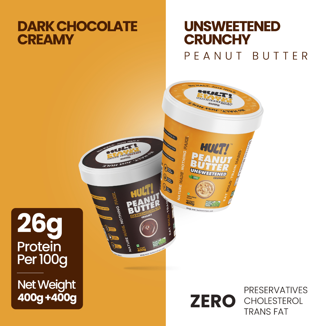 Combo - Dark Chocolate Creamy and Unsweetened Crunchy Peanut Butter - 400+400g